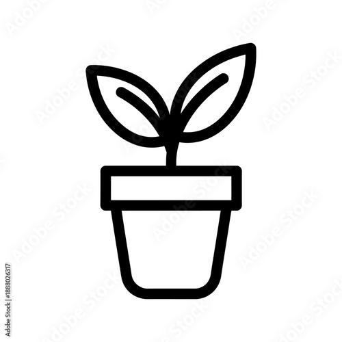 Simple line art illustration of a small green seedling plant in a terracotta pot with two leaves, symbolizing growth and nature