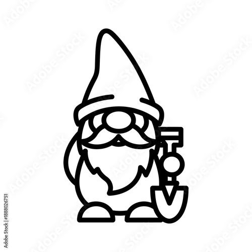 Charming line art of a whimsical garden gnome with a pointy hat, long beard, and a small shovel, embodying gardening, nature, and outdoor enchantment