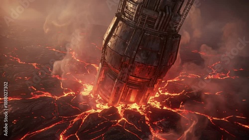 Titanic geothermal extraction spire descending into glowing magma fissures, heat‑shield plating, red‑orange atmospheric glow and shimmering thermal distortion, futuristic industrial architecture.