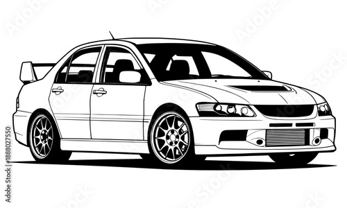 Detailed vector illustration of a high-performance Japanese sport sedan in a minimalist line art style