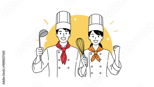 Happy male and female professional chefs in white uniforms and hats holding kitchen utensils and showing a victory pose.