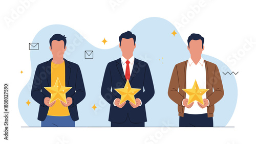 Group of three men in various professional and casual clothing holding large gold stars as symbols of excellence and ratings.