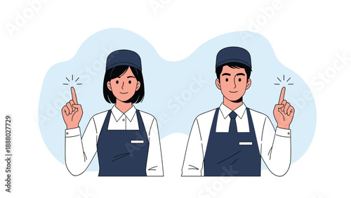 Friendly male and female staff members wearing aprons and caps pointing up with a lightbulb moment or inspiration gesture.