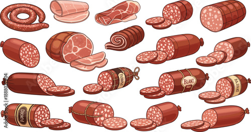 Set of assorted sausages and meat products vector illustration, salami and ham collection for butcher shop food design