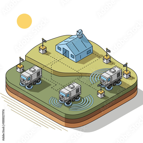 Autonomous robotic vehicles surveying a landscape with a building and flags under the sun.