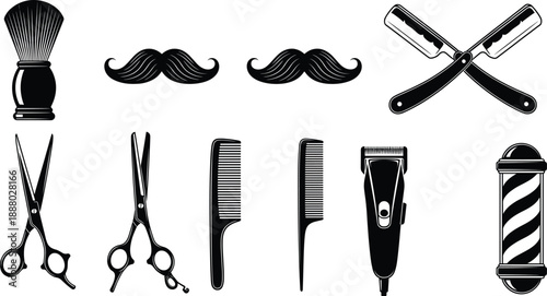 Barbershop Tools and Accessories Silhouette Icon Set with Razor Scissors Comb and Mustache for Hair Salon Design