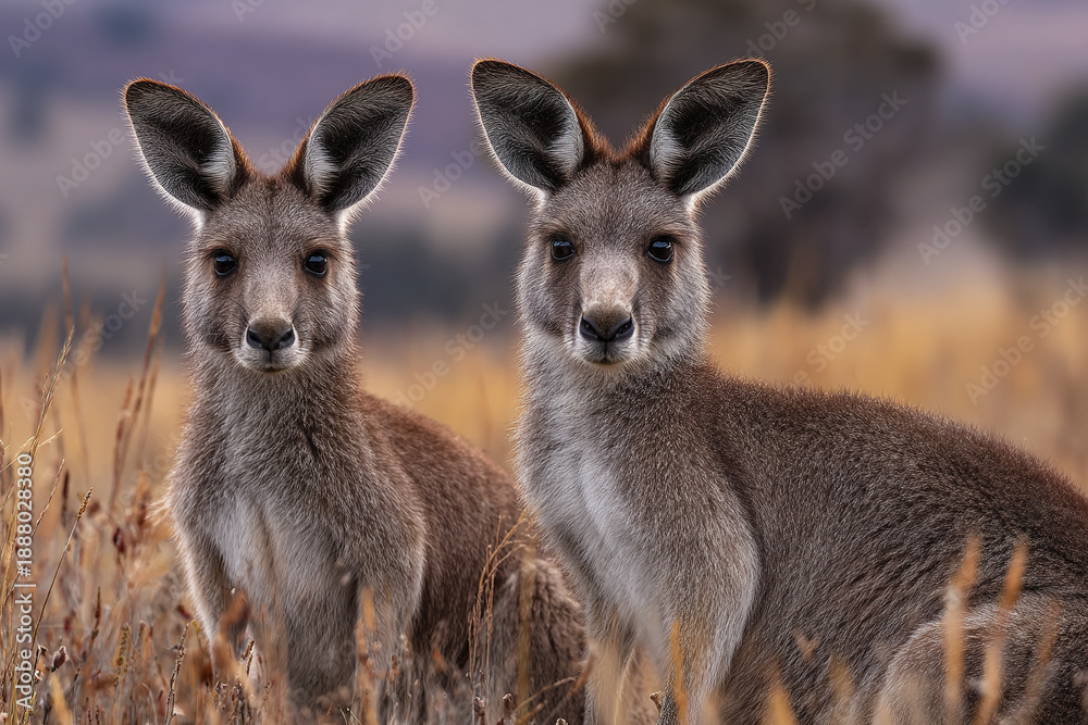 Fototapeta premium Two kangaroo standing in dry grassland with calm expression and soft natural light during dusk in open meadow environment