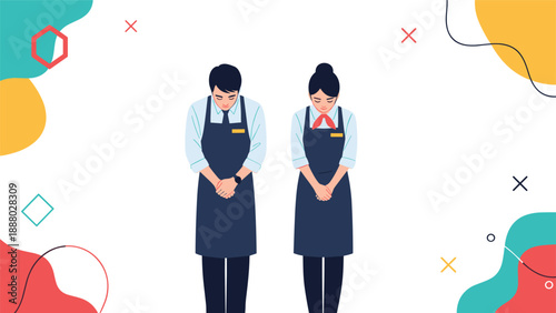 Male and female service workers in aprons and formal shirts bowing deeply as a sign of respect, greeting, or apology.