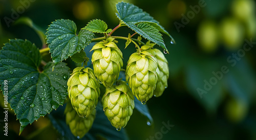 Wallpaper Mural Vibrant fresh green hops with dew drops growing on a vine, perfect for brewing and natural products. Torontodigital.ca