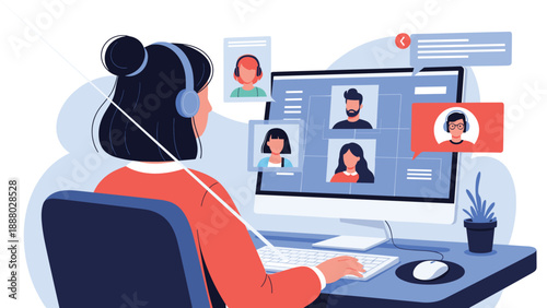 Young woman with a headset attending an online video conference with multiple colleagues displayed on a computer screen.