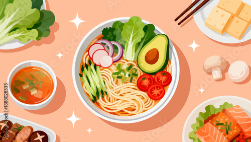 Illustration of a noodle dish with various toppings