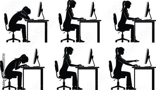 computer, posture, silhouette, desk, seated, gesture, typing, monitor, black, white, icon, illustration, vector, design, symbol, fatigue, focus, emotion, ergonomics, work