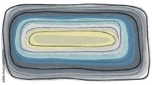 Multilayered abstract illustration featuring concentric ovals in varying shades of blue and gray with a central yellow oval