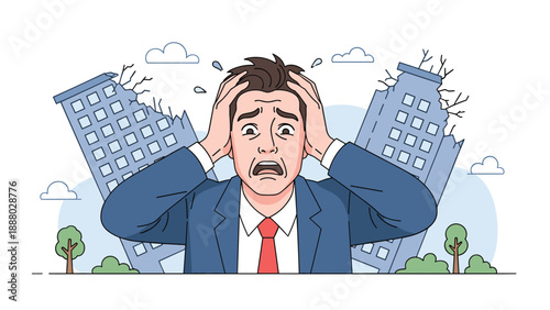 Stressed businessman clutching his head in panic as tall city buildings collapse and crumble behind him in a disaster scene.