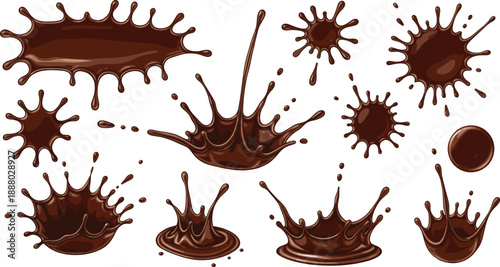 Set of chocolate splash drops vector illustration, sweet liquid cocoa splatter effects collection for dessert and food design