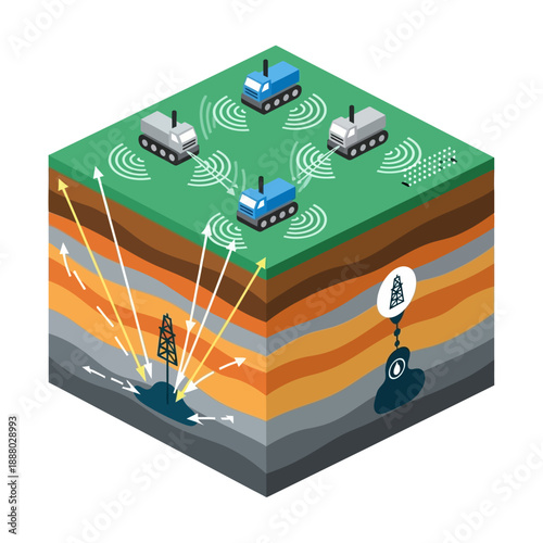 Isometric Diagram of Seismic Survey and Underground Exploration.