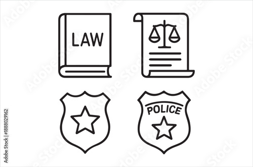 Legal symbols a book scroll badge and police emblem illustration