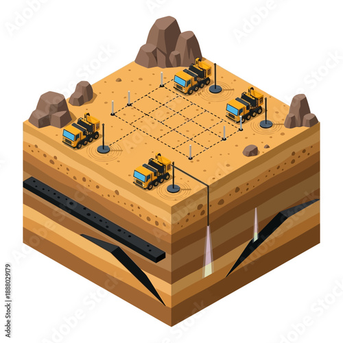 Isometric view of a mining site with excavators and underground resources.