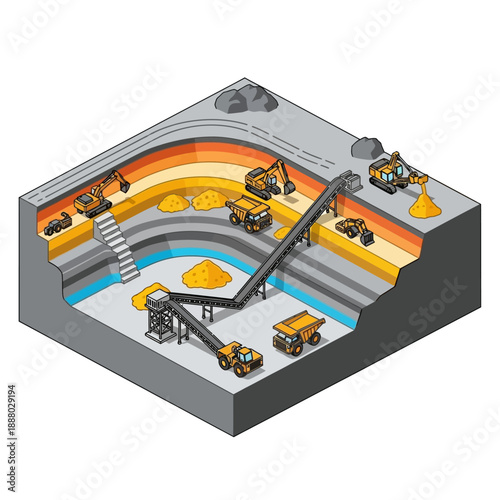 Isometric view of an open-pit mine with heavy machinery and conveyor belts.
