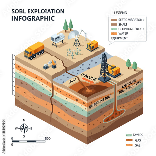 Oil and Gas Exploration Infographic with Geological Layers and Drilling Equipment.