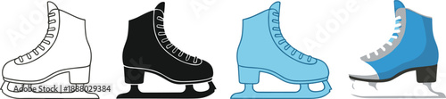 Ice skating boot icon set in outline black and blue styles for winter sports recreation designs