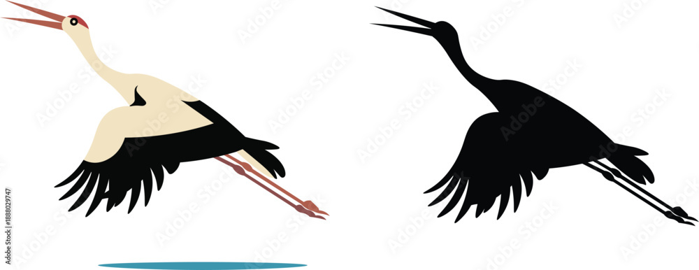 Naklejka premium Flying Stork Bird Illustration in Color and Silhouette Style Vector for Wildlife Nature and Animal Concept