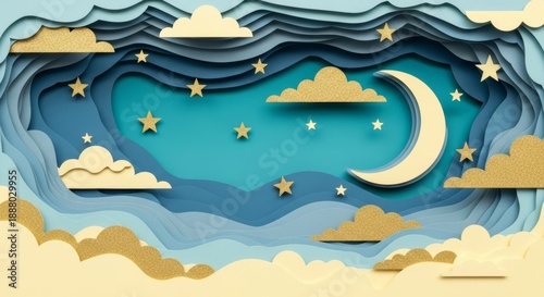 Minimalist Paper Cut Style Mosque and Moon