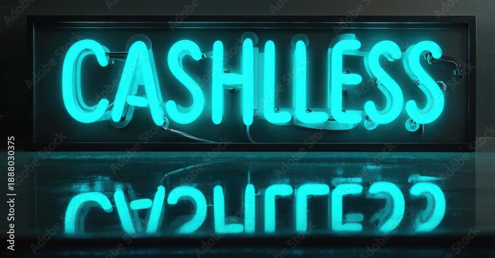 Fototapeta premium Bright neon sign displays CASHLESS text, reflected below. Dark background emphasizes glowing turquoise illumination. Modern aesthetic, simple design.
