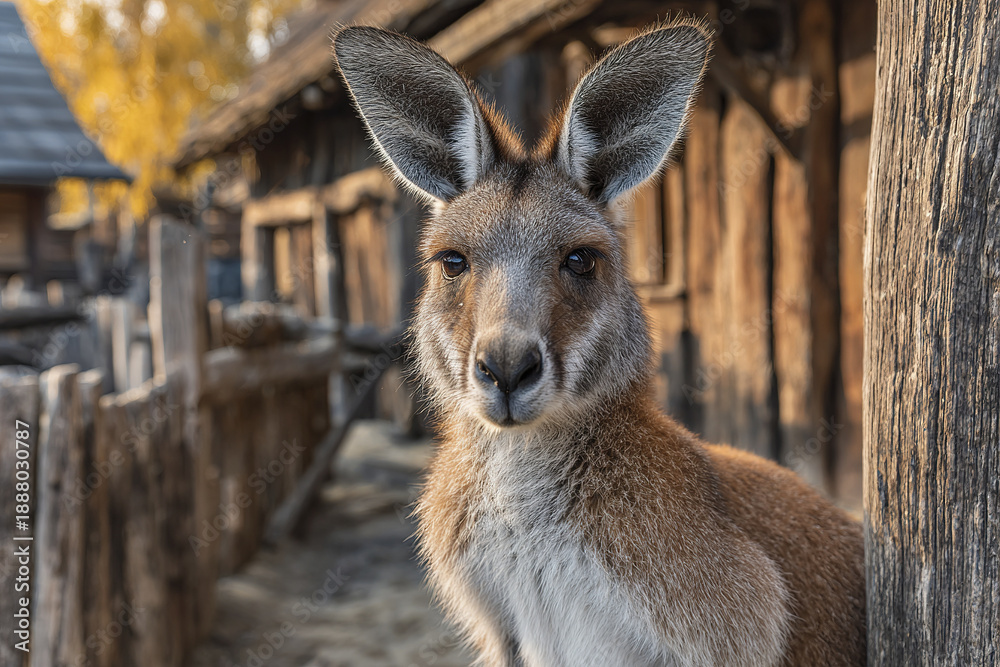 Fototapeta premium Kangaroo close up portrait with wooden fence and rustic buildings in background, showing detailed fur and attentive expression in natural light