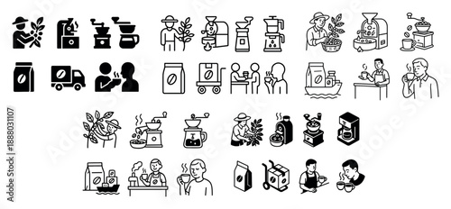 Coffee production process icon set