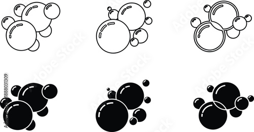 Abstract bubble cluster icon set in outline and solid styles for foam liquid science and decoration designs
