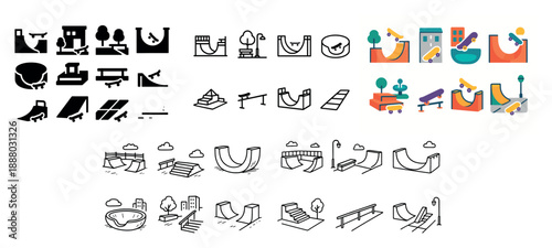 Skatepark icons and illustrations set