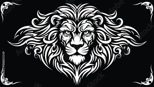 Lion head tribal illustration, powerful wild animal face design, symmetrical tattoo style artwork, black and white vector graphic