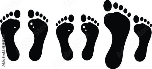 Human footprint silhouette icon set showing bare feet steps for walking tracking and path direction designs