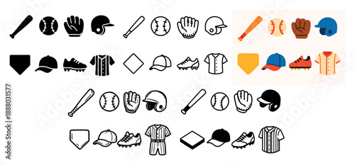 Baseball icons set: equipment and gear