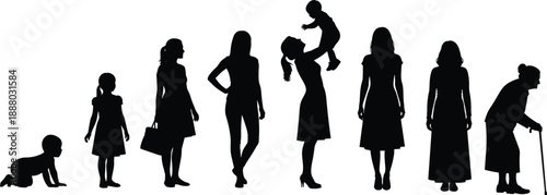 Woman Life Stages Silhouette Illustration Showing Human Growth From Crawling Baby To Elderly Woman With Cane On White Background Aging Concept And Lifecycle Evolution
