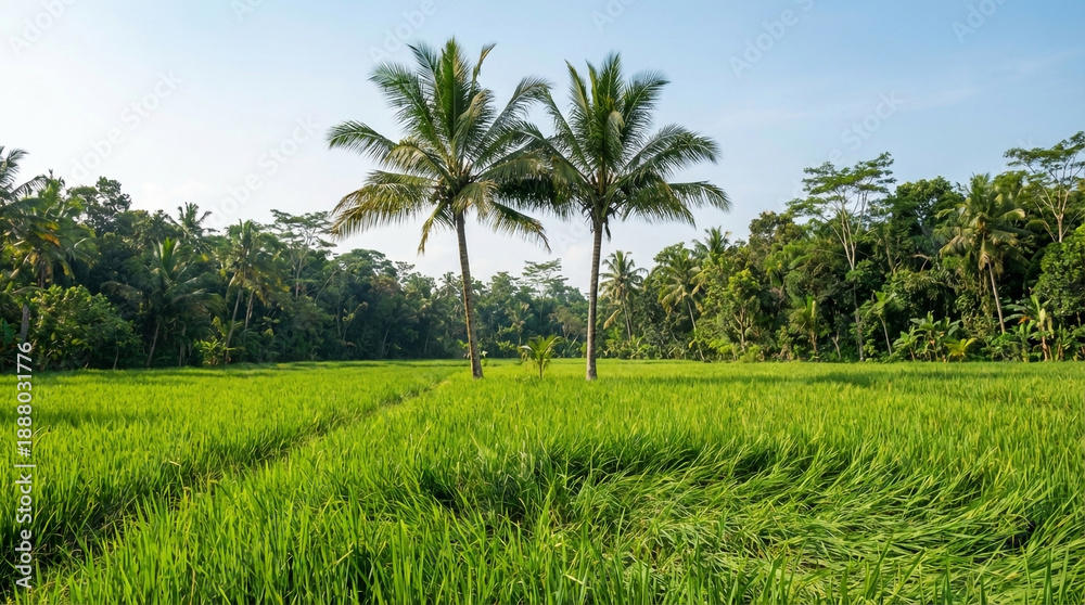Obraz premium Two Tall Palm Trees Standing in a Lush Green Rice Field Surrounded by Tropical Forest paddy agriculture