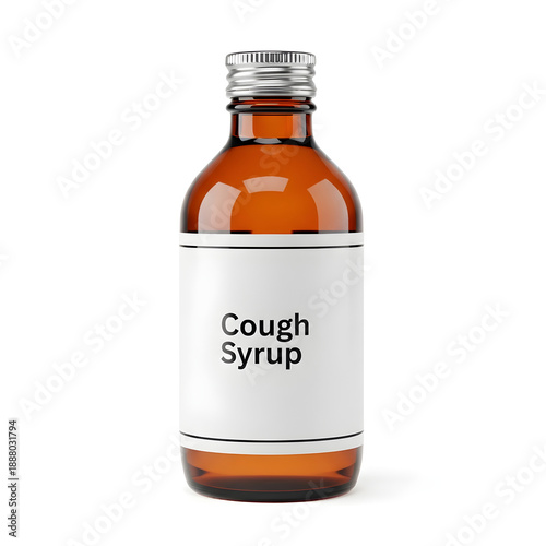 Cough syrup bottle with label in clear glass packaging  