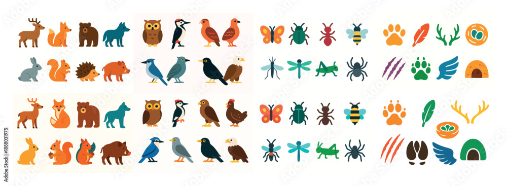 Fototapeta premium Colorful forest and insect icons set