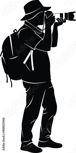 Photographer silhouette with camera, travel photographer taking photos, professional photography concept, black vector illustration isolated on white background