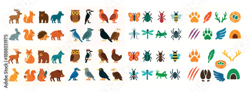 Colorful forest and insect icons set
