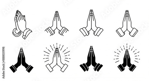 Diverse collection of praying hands and namaste gestures in various icon styles