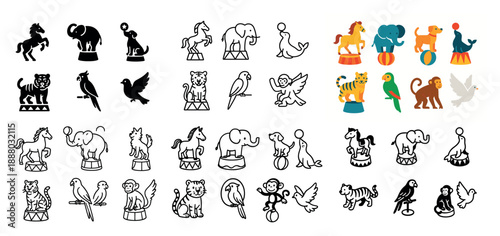 Circus animals and birds icons set