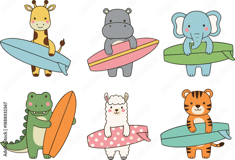 Fototapeta premium Set of cute animal surfers vector illustration, funny cartoon giraffe hippo elephant tiger and dinosaur with surfboards