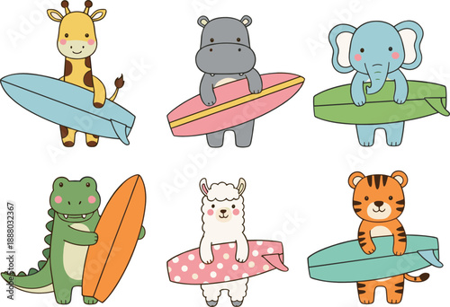 Set of cute animal surfers vector illustration, funny cartoon giraffe hippo elephant tiger and dinosaur with surfboards