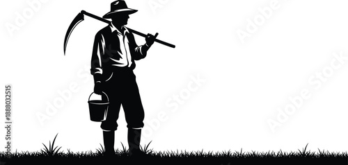Farmer silhouette holding scythe and bucket, agriculture worker standing on grass, rural farming concept, black vector illustration isolated