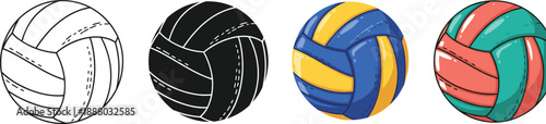 Volleyball ball icon set in outline silhouette and colorful styles for sports recreation and athletic design projects