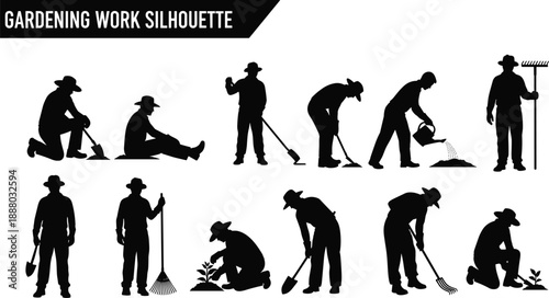 Gardening work silhouette set, farmer planting watering raking digging, garden tools, outdoor agriculture, landscaping concept, black vector illustration collection
