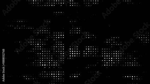 White dots on black background. Halftone texture animation. Randomly glowing dots. Bussines data and technology video effect.