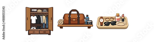 full color flat wardrobe with capsule outfits weekend bag on shelf accessory tray